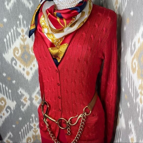 Ralph Lauren Red Tussah Silk Cable-Knit Cardigan Sweater - Picture 1 of 16